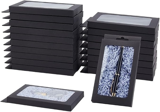 BENECREAT 20 Pack Kraft Paper Boxes with Clear Window 7.5x4x1inch Black Gift Packaging Boxes for Bakery Cookies Cake Candy Wedding Party Favors