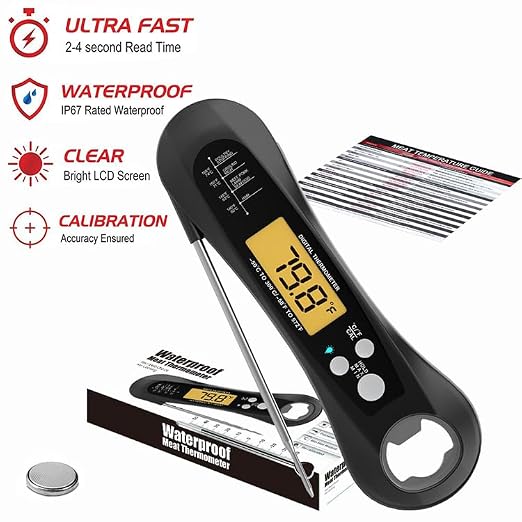 Digital Waterproof Meat Thermometer with Bottle Opener – Instant Read BBQ & Kitchen Thermometer for Grilling, Smoking, Cooking