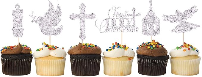 24 piece Silver glitters First Holy Communion Cupcake Toppers Glitter Dove Cross God Bless Cupcake Picks Christian Baby Baptism Theme Cake Decorations for Baby Shower Birthday Party
