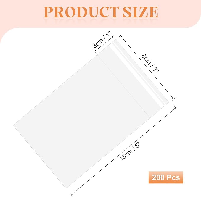 uxcell 200Pcs Self-Sealing Cello Bags, 3x5 Inch Long Clear Flap Resealable Poly Bags, OPP Adhesive Treat Bag 2 Mil for Bread Pretzel, Gift Packaging, Tableware, Necklaces Crafts