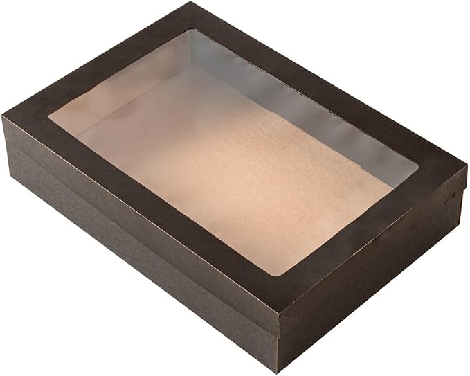 Restaurantware Cater Tek 14.3 x 10 x 3.2 Inch Baked Goods Boxes 100 Greaseproof Pastry Boxes - Window Lids Insert Tab Lock Black Paper Catering Boxes Easy Assembly For Charcuterie Or Cupcakes