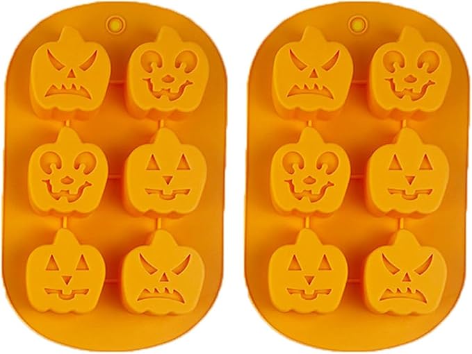 6 Cavities Silicone Cookies Biscuit Mold, Christmas Halloween Candy Mold, Reusable DIY Baking Mold Jelly Chocolate Mold, Ice Cube Tray Wax Melt Molds(Set of 2 Orange Pumpkin)