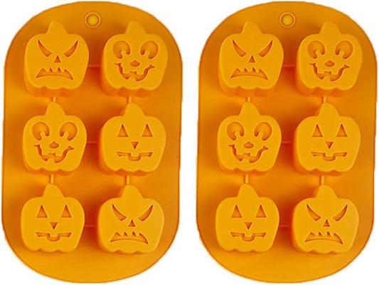 6 Cavities Silicone Cookies Biscuit Mold, Christmas Halloween Candy Mold, Reusable DIY Baking Mold Jelly Chocolate Mold, Ice Cube Tray Wax Melt Molds(Set of 2 Orange Pumpkin)