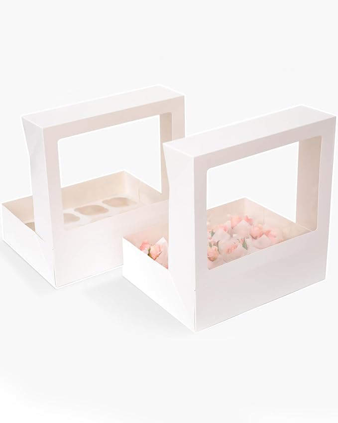 Bakepacker Auto-pop Up Cupcake Boxes with Window White 40PCS 12 Count Cupcake Box 13"x10"x3.5" Cupcakes Carrier, 12 Cupcake Containers with 2 rolls of pink ribbons