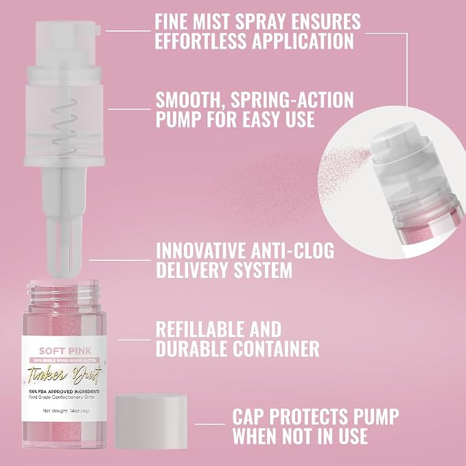 Bakell - Soft Pink Tinker Dust (4g, 1x Mini Spray Pump) Edible Glitter for Food, Desserts, and Baked goods!