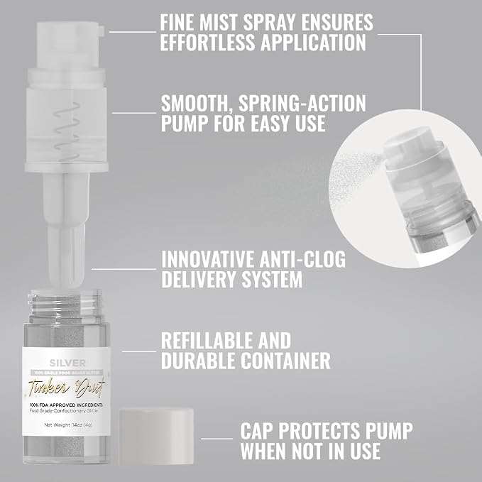 Bakell - Silver Tinker Dust (4g, 1x Mini Spray Pump) Edible Glitter for Food, Desserts, and Baked goods!