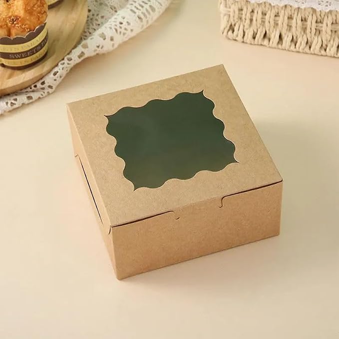 JIYIXhylera 48pcs 6x6x3 Inches Small Bakery Boxes with Window, Small Cake Boxes, Treat Boxes, Pastry Boxes, Dessert Boxes, Cookie Boxes, Mini Pie Boxes for Pastries, Pie, Chocolates, Cupcakes (Brown)