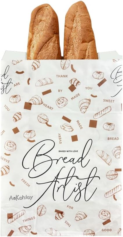 50 Pack Paper Bread Bags with Front Window, 13.8 x 9.5 x 4.3 Inch Large Paper Bread Bags for Homemade Bread Gift Giving with Stickers