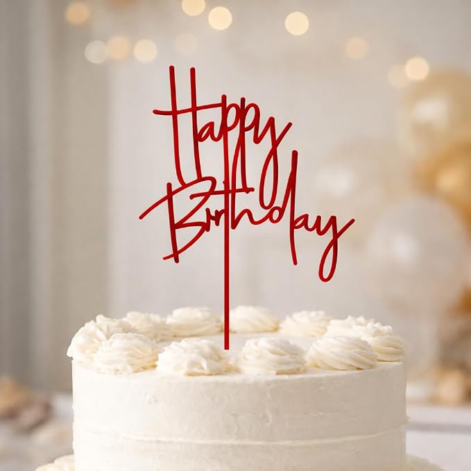 Acrylic Birthday Cake Topper - 5.3'' x 7.2'' Red Happy Birthday Sign for Party Supplies, Cake Decorations and Anniversary