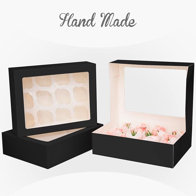 Bakepacker Auto-pop Up Cupcake Boxes with Window Black 40PCS 12 Count Cupcake Box 13"x10"x3.5" Cupcakes Carrier, 12 Cupcake Containers with 2 rolls of pink ribbons