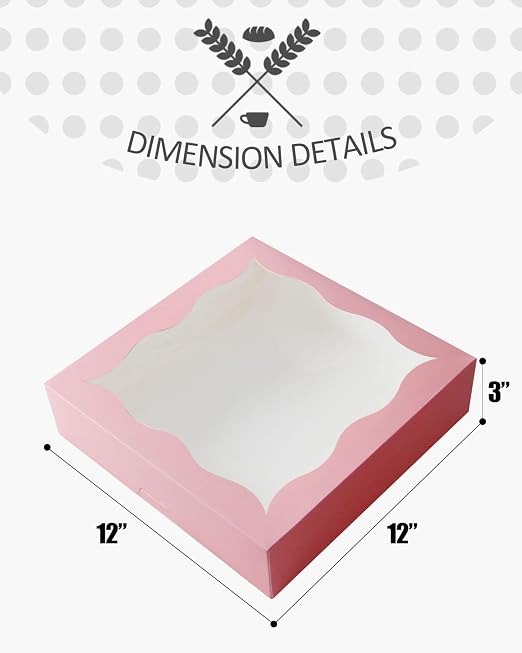 qiqee Auto-pop Up 12Packs Pink Pie Boxes with Window 12x12x3 Inch Cookie Donut Bakery Box