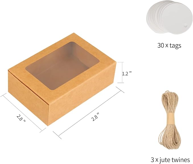 COTOPHER Soap Box, 30Pcs Packaging Boxes with Window, Kraft Paper, for Handmade Soap, Bakery, Cookies, 3.5x2.35x1.2Inch, Bridal Shower, Wedding, Birthday Gifts