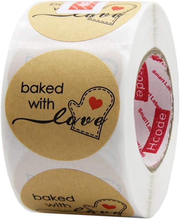 Hcode 500 Natural Kraft Paper Round Baked with Love Stickers with Red Heart in Baking Gloves 1.5 Inch Adhesive Label (1 roll, Kraft Baked with Love)