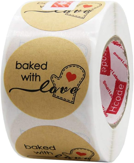 Hcode 500 Natural Kraft Paper Round Baked with Love Stickers with Red Heart in Baking Gloves 1.5 Inch Adhesive Label (1 roll, Kraft Baked with Love)