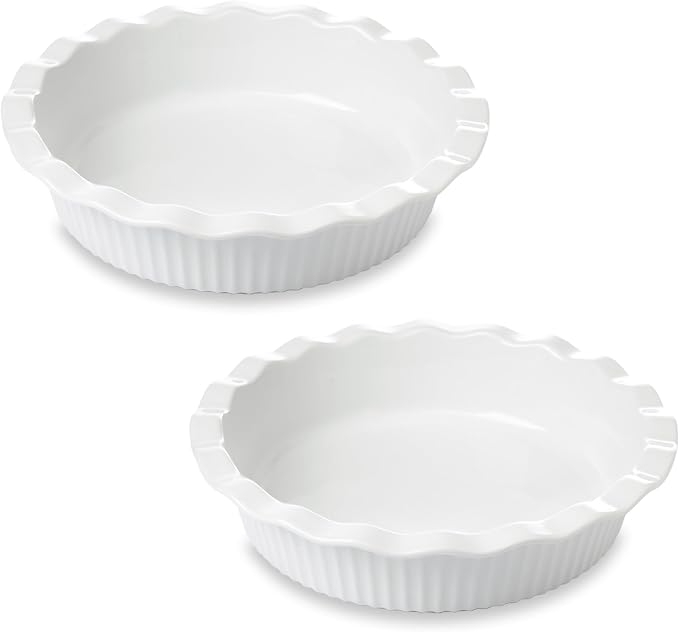 WishDeco Pie Pan for Baking Set of 2, Ceramic Baking Pan 9 inch, Deep Round Pie Dish 50 oz, Pie Plate with Fluted Rim, Porcelain Baking Dish for Apple Pie, Quiche, Tart, Cake Oven & Microwave Safe