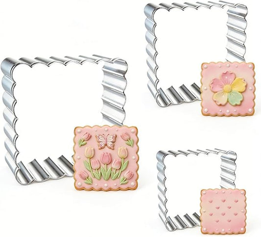 Square Cookie Cutter Set, 3 Pcs Wavy Edge Stainless Steel | Three square sizes with scalloped edges for cookies, biscuits, donuts, fondant, pastries and kitchen baking