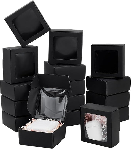 BENECREAT 30pcs Square Black Paper Boxes, Gift Boxes with Clear PVC Window for Wedding Gift, Chocolates, Cookies and Other Small Crafts, 3.6x3.6x1.6 Inch