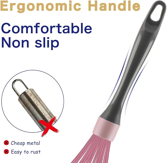OYV Pink Whisk, Dishwasher Safe Wisk, Professional Whisks For Cooking Non-Scratch, Stainless Steel & Silicone Wisk, Plastic Rubber Whisk Tool For Nonstick Cookware Pans, Heat Resistant, 12-Inch