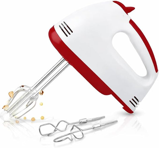 Electric Hand Mixer - 7 Adjustable Speed 260W Handheld Mixer Electric Whisk, Double Rod Stainless Steel Beaters & Hooks, Lightweight Hand Mixer for Baking & Cooking, Easy to Clean (white-red)