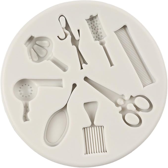 Hairdressing Silicone Mold Hair Cutting Tools Fondant Molds Scissors Comb Mirror Hair Dryer Molds for Cake Decoration Cupcake Topper Candy Chocolate Sugar Craft Polymer Clay Gum Paste