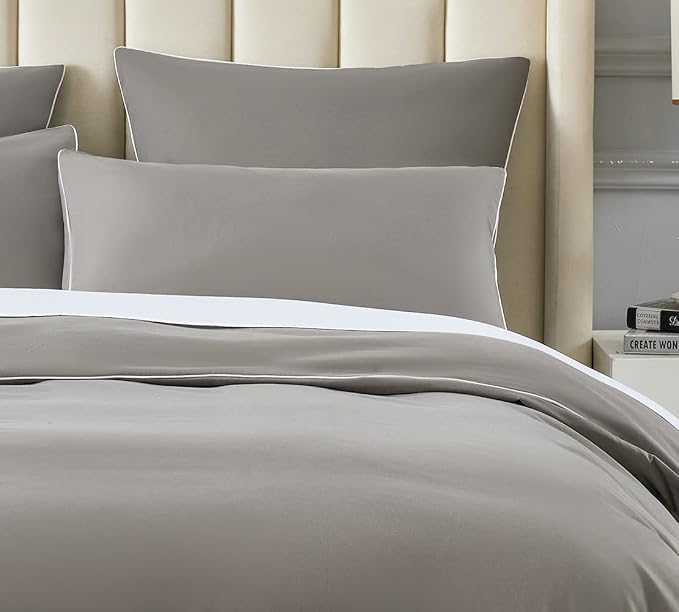 DAUAOTO Duvet Cover Twin/Twin XL Set, Gray Microfiber with Contrasted White Piping, 1 68"X86" Cover + 1 20"X26" Sham Simple Style Boys Bedding
