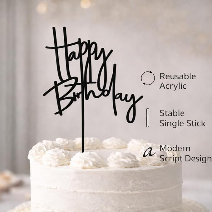 Happy Birthday Cake Topper – Black Acrylic Birthday Cake Decoration, Modern Script Reusable Cake Pick for Adult Birthday Party, 7.2 Inch