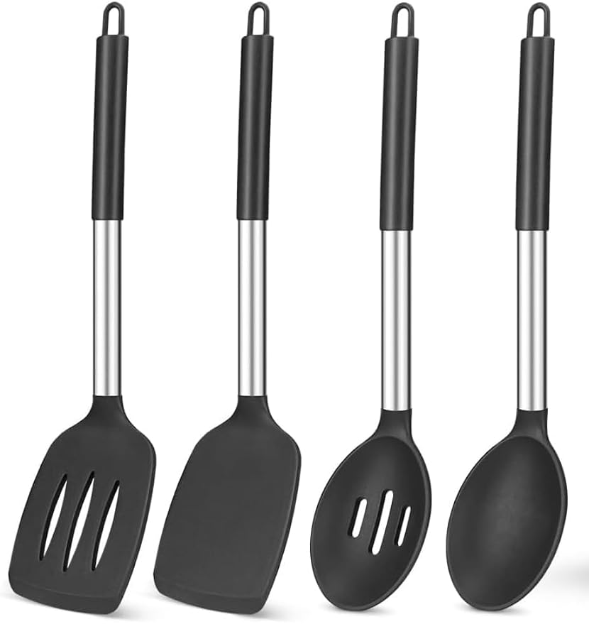 Premium Silicone Kitchen Utensil Set, 4-Piece Cooking Tools with Stainless Steel Handles, Black Non-Stick Spatula and Spoon Collection