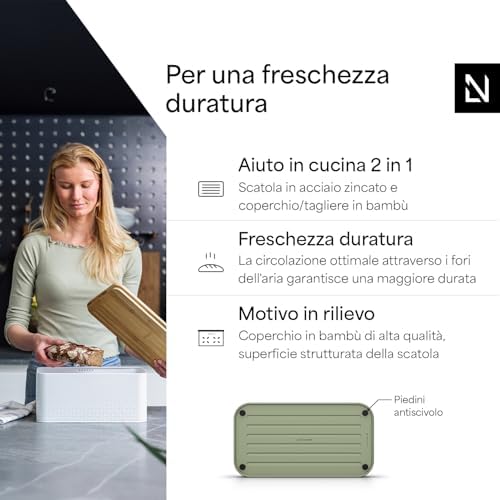 LARS NYSØM Bread Box I Metal bread box for long lasting freshness with non-slip pads I Baked goods Bin with bamboo lid usable as cutting board I 13.6x7.3x6.2in (Sage Green)