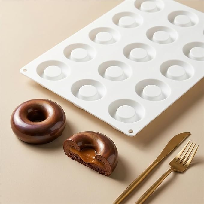 15 Cavity Mini Donut Ring Silicone Mousse Cake Mold, Round Hollow Circle Baking Mold, Non-Stick Food Grade Silicone Tray for Chocolate, Mousse, Ice Cream, Pudding, Dessert Pastry(Black)