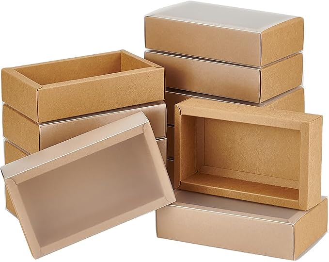 BENECREAT 12Packs Large Rectangle Brown Kraft Boxes Heavy Duty Gift Box with Clear PVC Windows 5.9x3x1.5 for Party Favor Treats, Bakery, Jewelry, Wedding Gift Packaging
