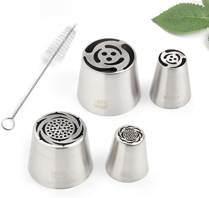 5 Pieces Stainless Steel Russian Flower Icing Tips Set,2 XXL Russian Icing Tips,2 Large Piping Tips,1 Cleaning Brush for Cake Decorations,Pastry Piping Nozzles,Baking Tools