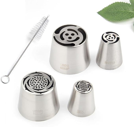 5 Pieces Stainless Steel Russian Flower Icing Tips Set,2 XXL Russian Icing Tips,2 Large Piping Tips,1 Cleaning Brush for Cake Decorations,Pastry Piping Nozzles,Baking Tools