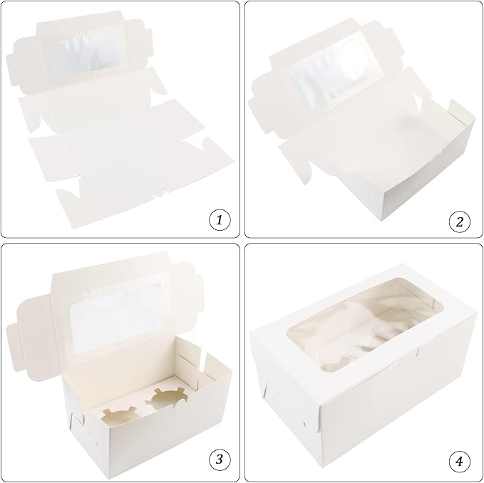 30 Pack White Paper Cupcake Boxes with 2 Cavity Cookie Gift Boxes with Clear Window 2 Treat Holder Cupcake Containers Bakery Cake Box for Birthday Party Holiday Bakery Supplies