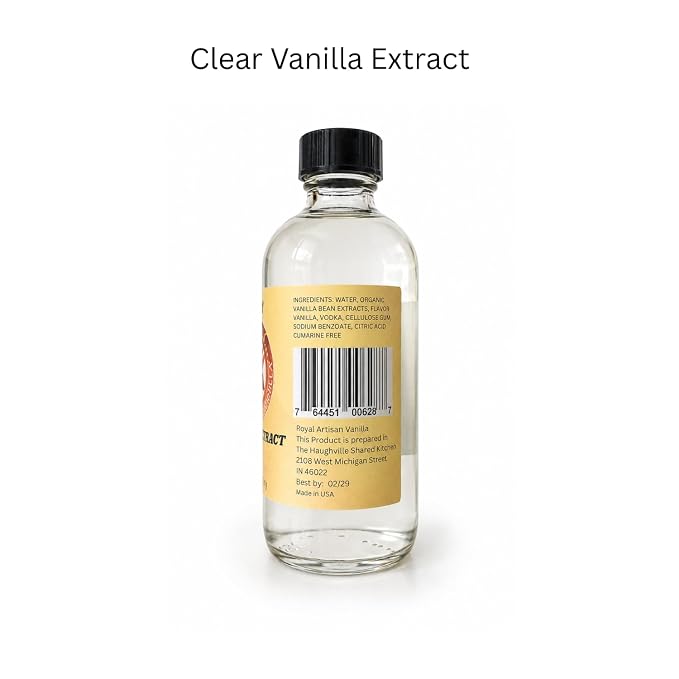 Royal Artisan Clear Vanilla Extract, with real vanilla bean, Organic, colorless; ideal for white icings, buttercream, light cakes and beverages; clean flavor; 8 fl oz (240 ml) glass bottle