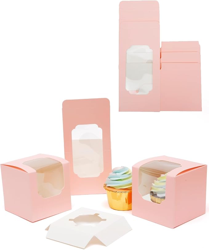 Bakepacker Auto-pop up Cupcake Boxes 100-Packs Individual Cupcake Container Pink 3.5" x 3.5" x 3.5" Single Cupcake Boxes