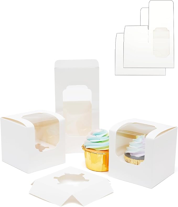 Bakepacker Auto-pop up Cupcake Boxes 200-Packs White 3.5" x 3.5" x 3.5", for Cake, Treat Cookie Dessert, Pastry, Birthday Party, Weddings