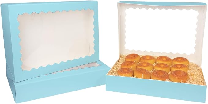 qiqee Auto-pop Up Light Blue Cookie Box with Window 16x10.5x2.5 Inch 24Pcs Bakery Pastry Macaron Bakery Box for Packaging