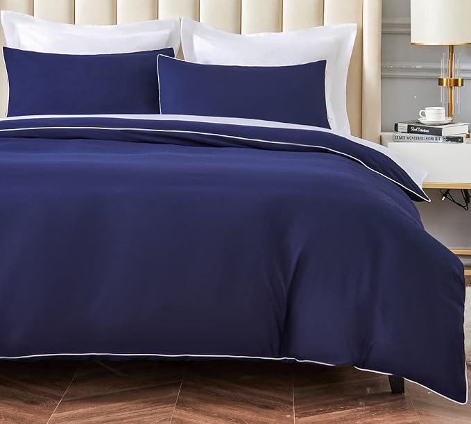 DAUAOTO Duvet Cover King Set, Navy Blue Microfiber Bedding with Decorative White Piping, 1 Zipper Closure Cover + 2 Shams