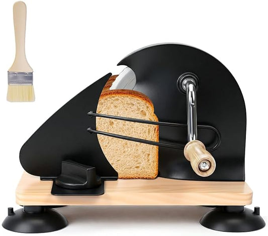 Manual Bread Slicer for Homemade Sourdough Bread, Adjustable Thickness & Evenly Slicing, Hand Crank Bread Slicer with Scale Line and Suction Cup, Serrated Blade Design, Patent Black