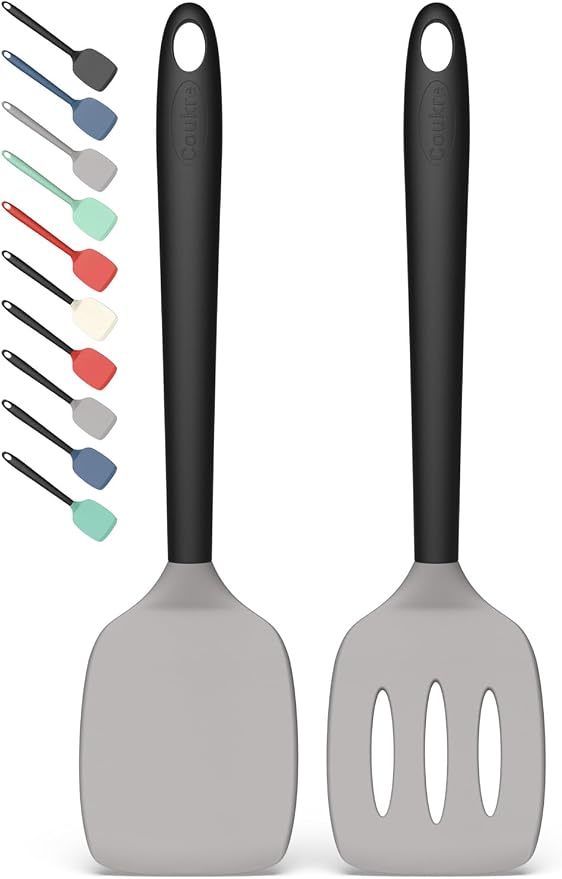 Coukre 2 Pack Silicone Spatula Set, High Heat Resistant, BPA Free Kitchen Spatula, Solid & Slotted Turner for Non-Stick Pans, Sautéing, and Flipping (2, GrayBlack)