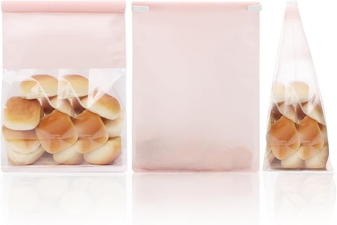 Funcoo 50 pcs Bakery Bags with Window, 6.3'' x 5.1'' x 10.2'' Bakery Cookie Bags with Tin Tie Tab Lock, Paper Bread Bags for for Homemade Bread, Popcorn, Candies, Snack, Baked Goods Packaging(Pink)