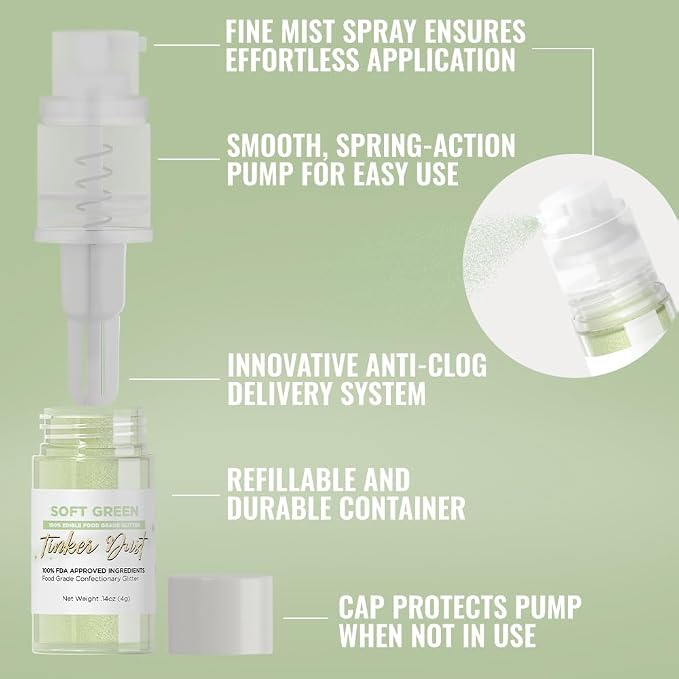 Bakell - Soft Green Tinker Dust (4g, 1x Mini Spray Pump) Edible Glitter for Food, Desserts, and Baked goods!