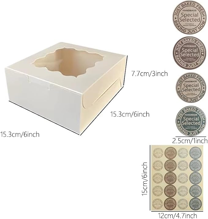 Generic 50Pcs (6x6x3 in) Mini Cake Boxes+3 stickers with Display Window for Gift Giving, Bakesale, Cupcakes, Dessert, Cookies, Pie, Macaroons, Donuts, Pastry, Kraft Paper Material… (50Pcs White)