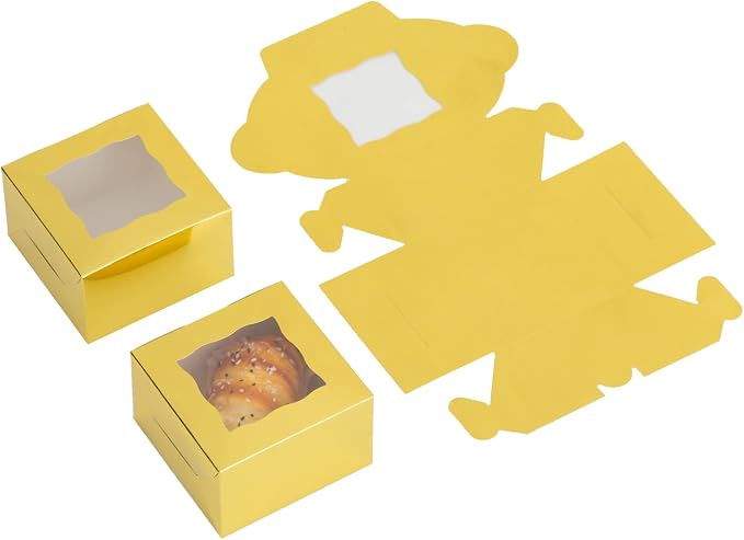 100Pcs Paper Cookie Boxes With Window Small Bakery Boxes 4x4x2.5 Inches Mini Cake Boxes For Pastries,Cupcakes,Desserts,Donuts,Chocolate Strawberries,Candy,Treat Boxes(Gold)