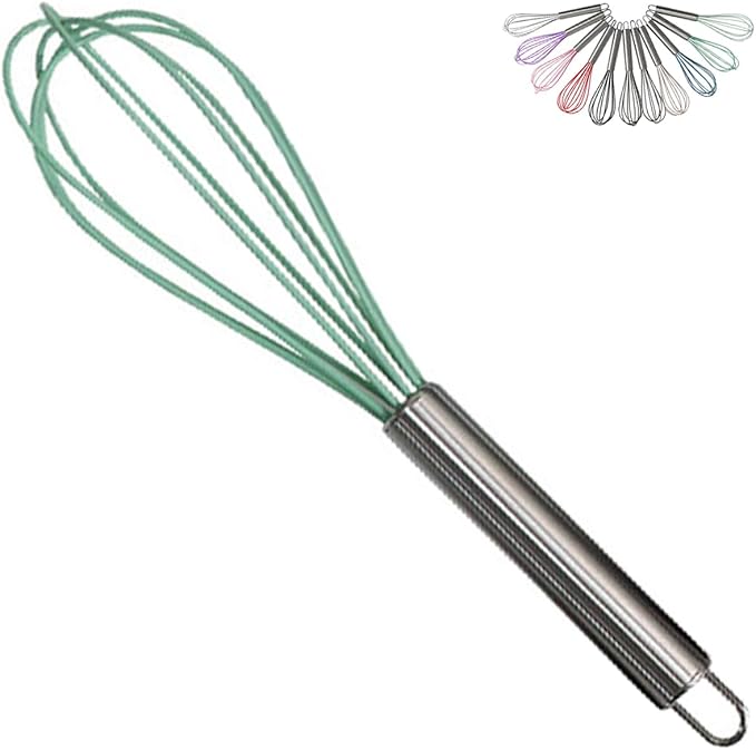 1-Piece Dark Green Silicone Whisk with Stainless Steel Handle BRIIEC 10-inch Egg Beater Milk Beater Balloon Whisk Manual Baking Tool for Blending Stirring Whisking and Beating