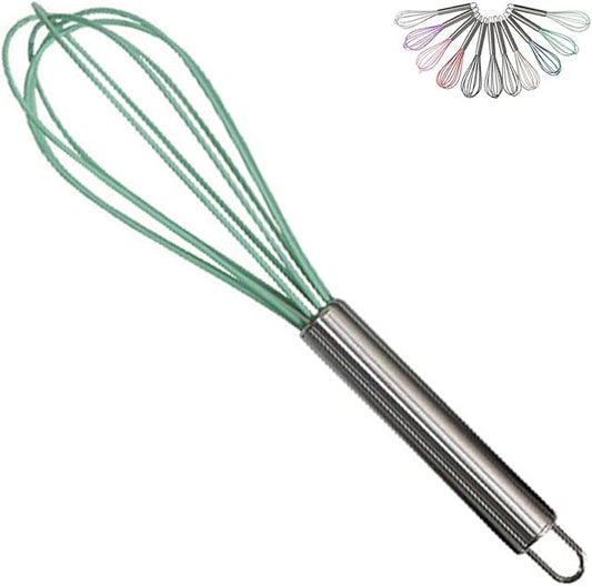 1-Piece Dark Green Silicone Whisk with Stainless Steel Handle BRIIEC 10-inch Egg Beater Milk Beater Balloon Whisk Manual Baking Tool for Blending Stirring Whisking and Beating