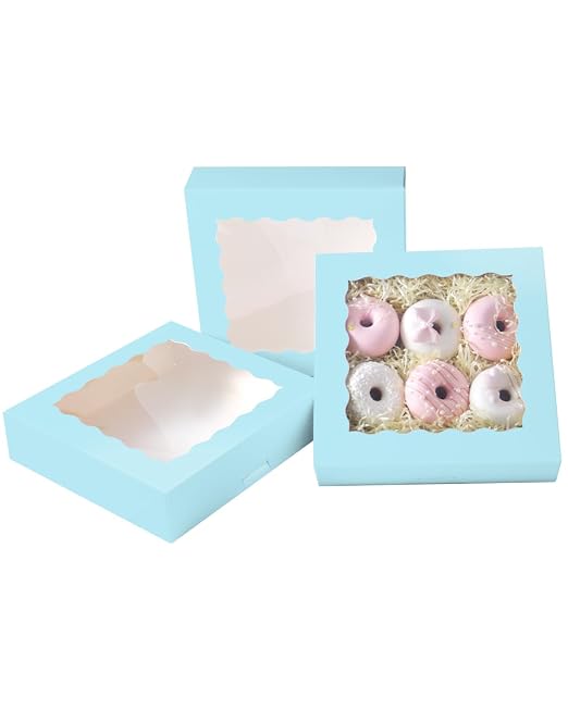 qiqee Auto-pop Up Light Blue Pastry Box With Window 8x8x2.5 Inch Donut Pie Boxes 30pcs Bakery Box