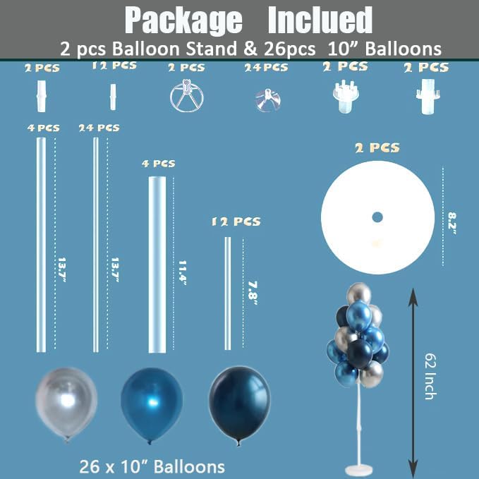 Leesoot 2 Sets 62inch Blue Silver Floor Balloon Column Kit Stand with Balloons Backdrop Decoration for Graduation Wedding Birthday Baby Shower Gender Reveal Party Balloon Tower Balloon Tree