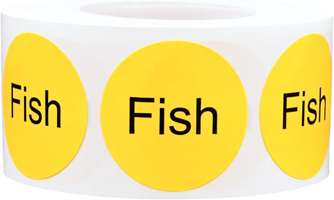 Yellow Fish Deli Labels, 1 Inch Round Circle Adhesive Stickers, 500 Food Rotation Labels Per Roll for Delis, Restaurants, Food Prep, and Kitchen Organization – Made in the USA