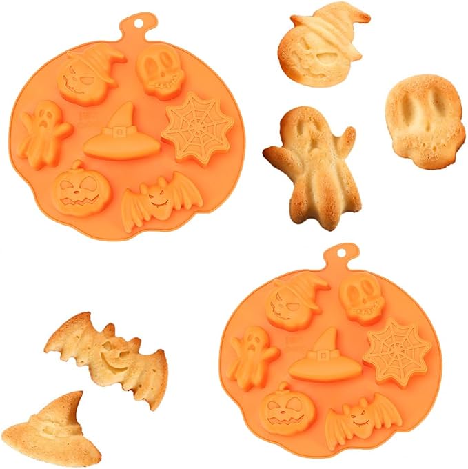 7 Cavities Silicone Cookies Biscuit Mold, Christmas Halloween Candy Mold, Reusable DIY Baking Mold Jelly Chocolate Mold, Ice Cube Tray Wax Melt Molds(Set of 2 Orange Halloween)